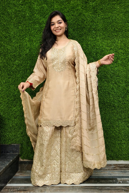 Heavy Embroidered Silk Sharara Suit In Golden