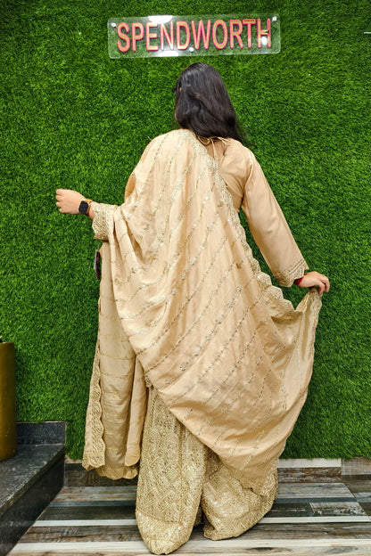 Heavy Embroidered Silk Sharara Suit In Golden