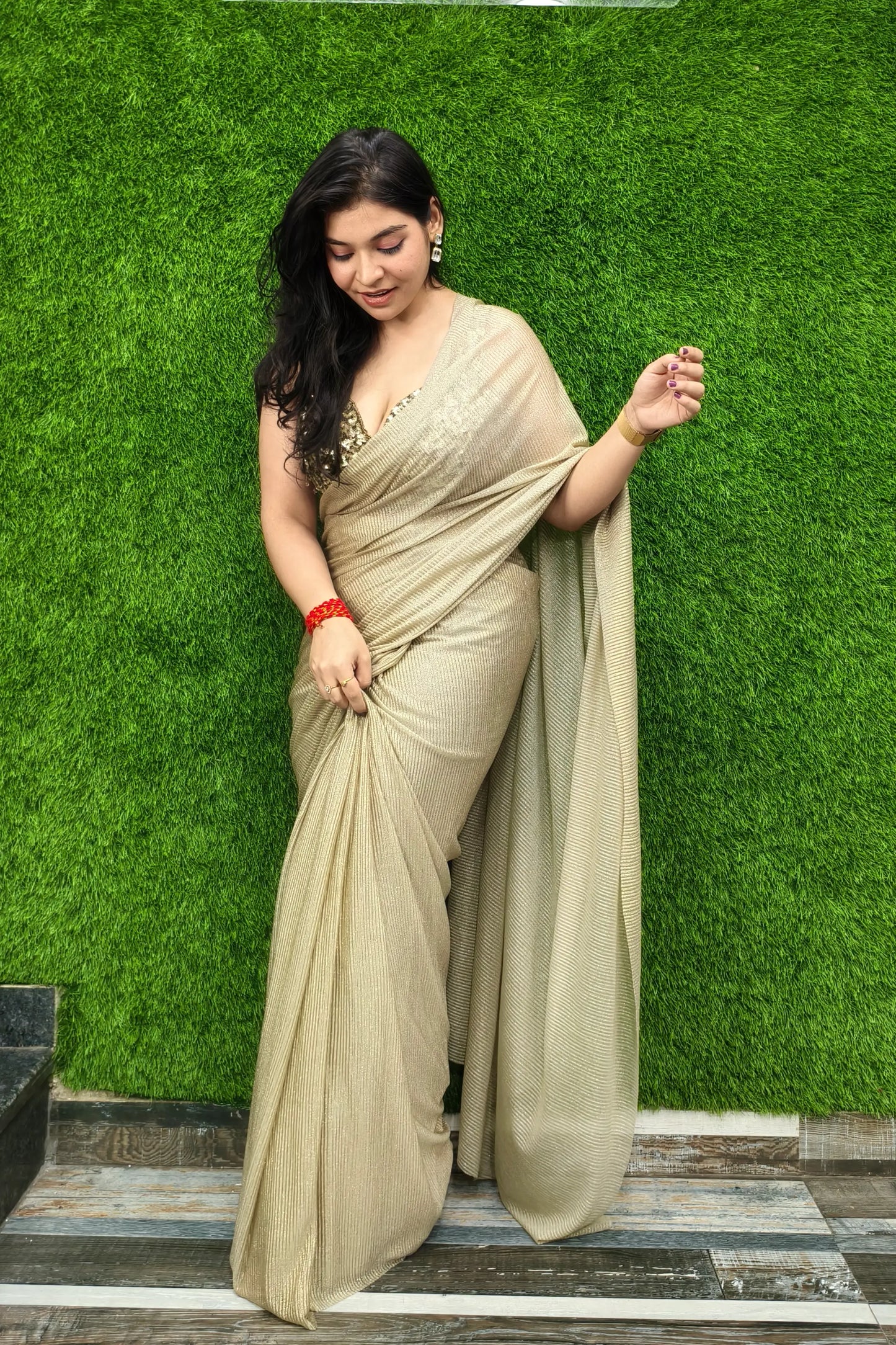 Beautiful Pre draped Saree With Beautiful Readymade Blouse In Golden