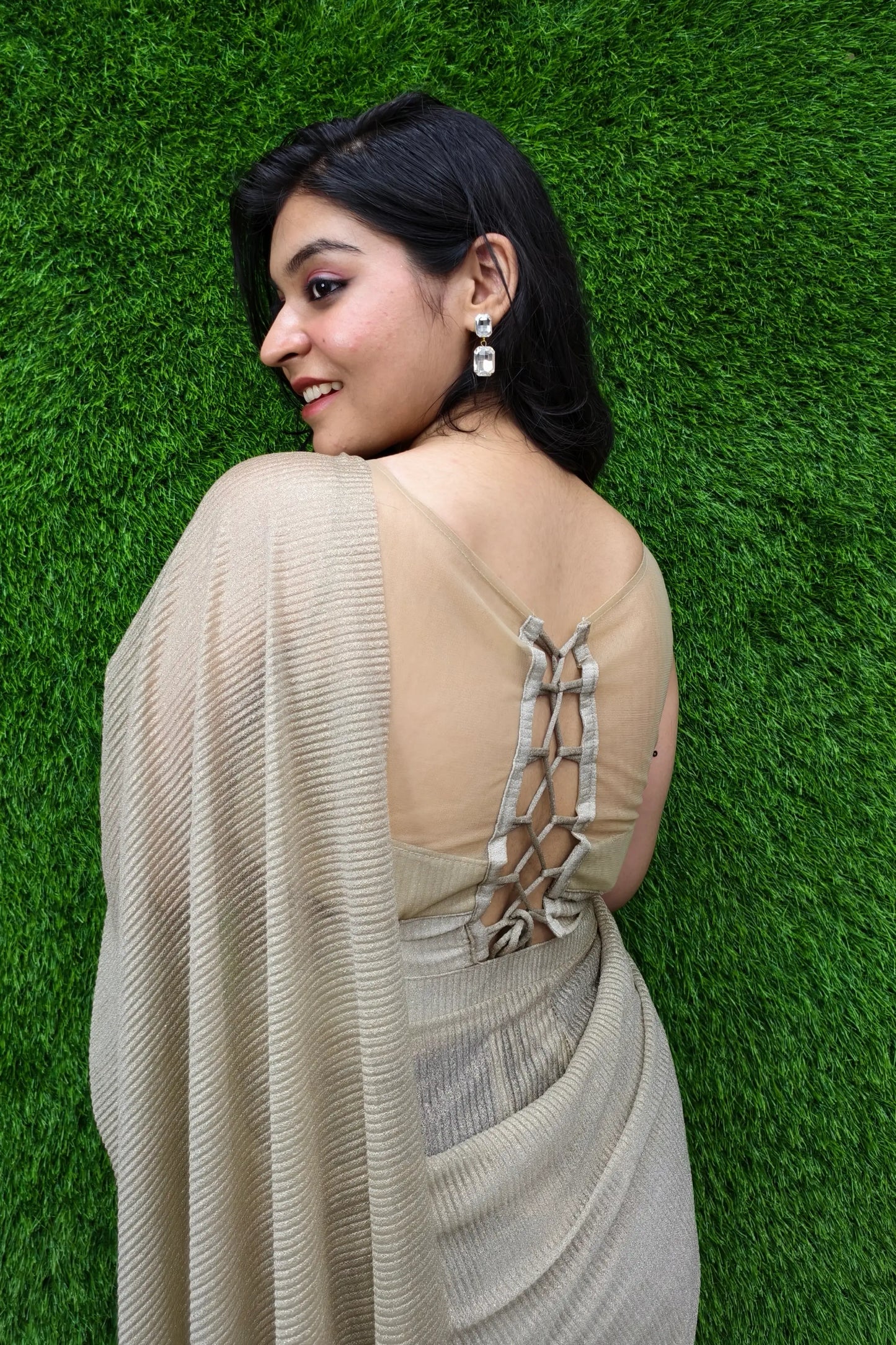 Beautiful Pre draped Saree With Beautiful Readymade Blouse In Golden