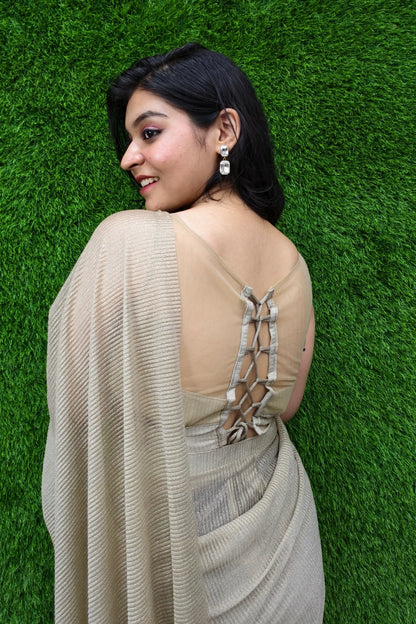 Beautiful Pre draped Saree With Beautiful Readymade Blouse In Golden