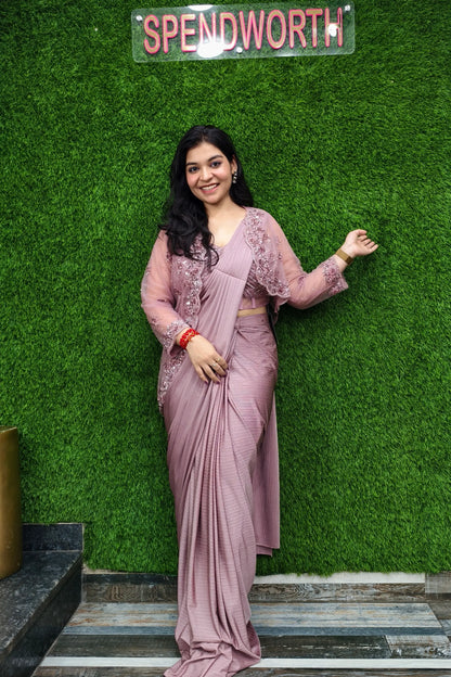 Ready To Wear Hand Work Saree With Jacket In Mauve