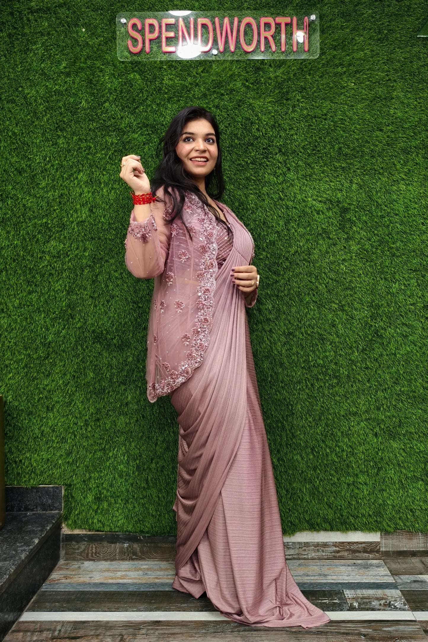 Ready To Wear Hand Work Saree With Jacket In Mauve