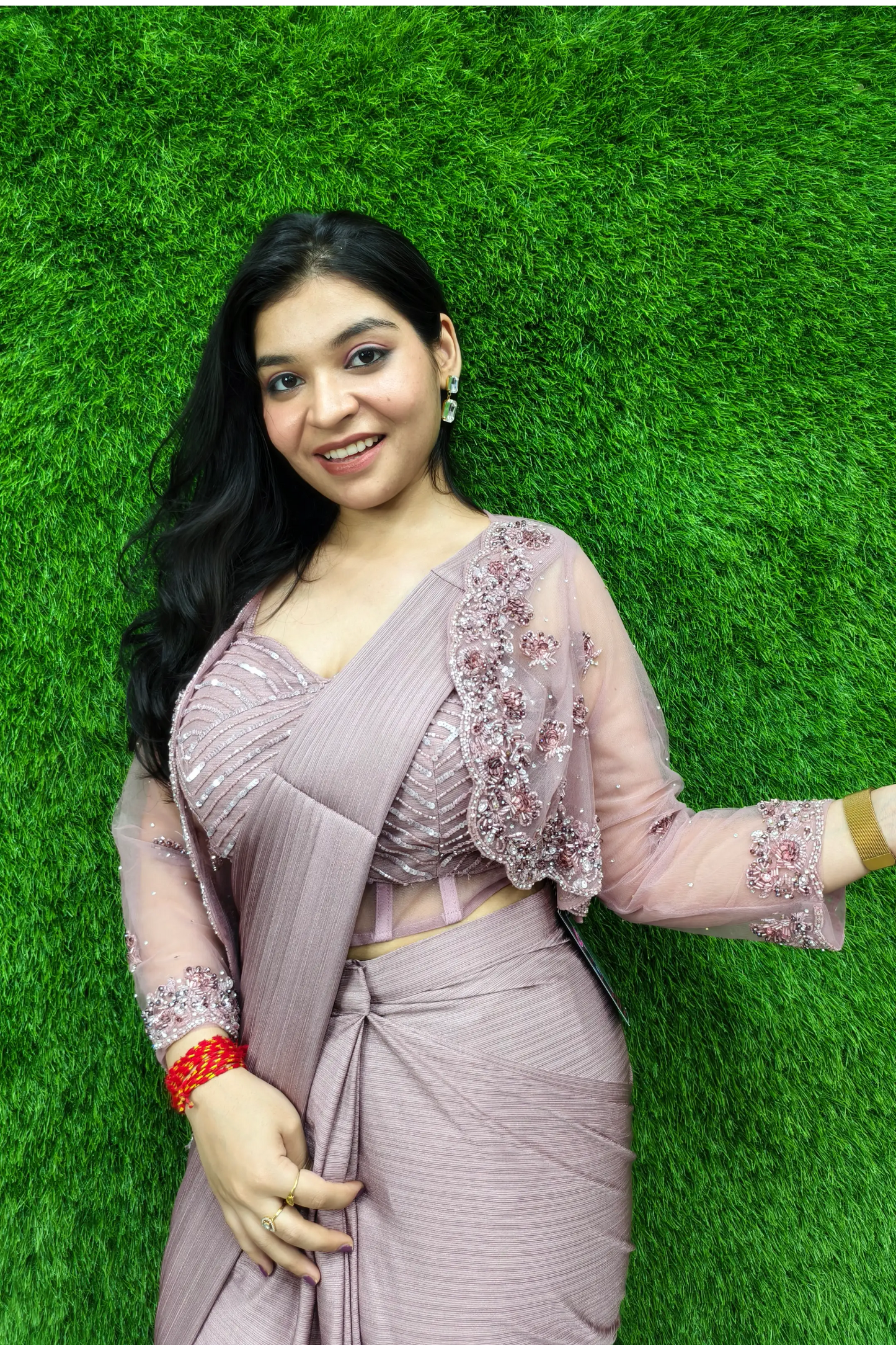 Ready To Wear Hand Work Saree With Jacket In Mauve