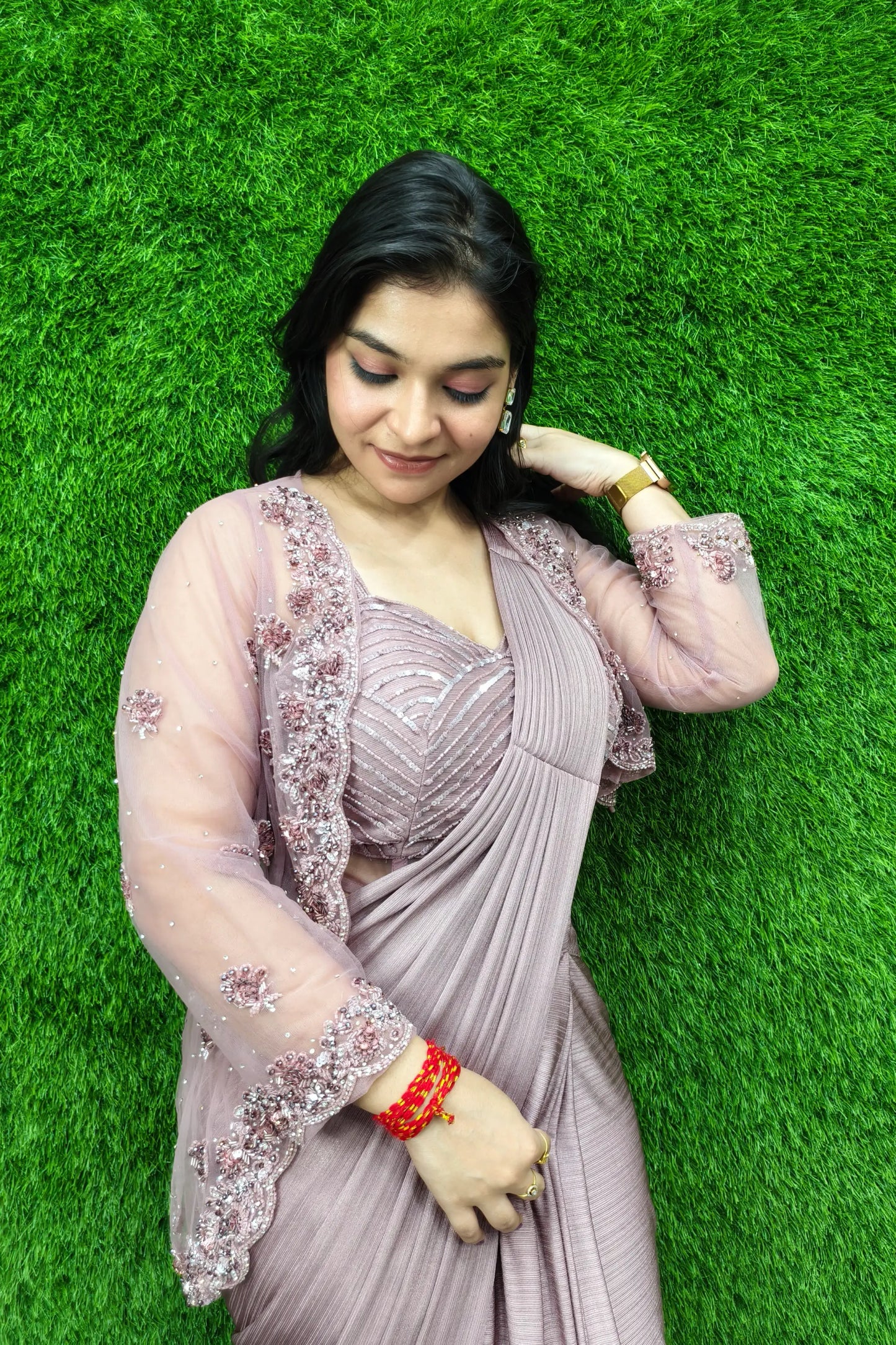 Ready To Wear Hand Work Saree With Jacket In Mauve