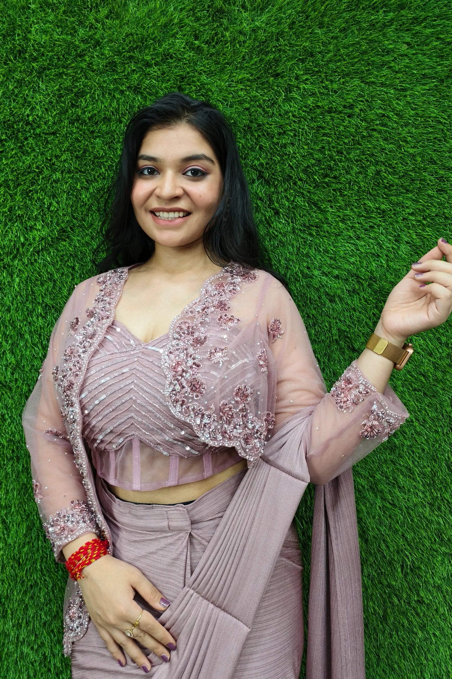 Ready To Wear Hand Work Saree With Jacket In Mauve