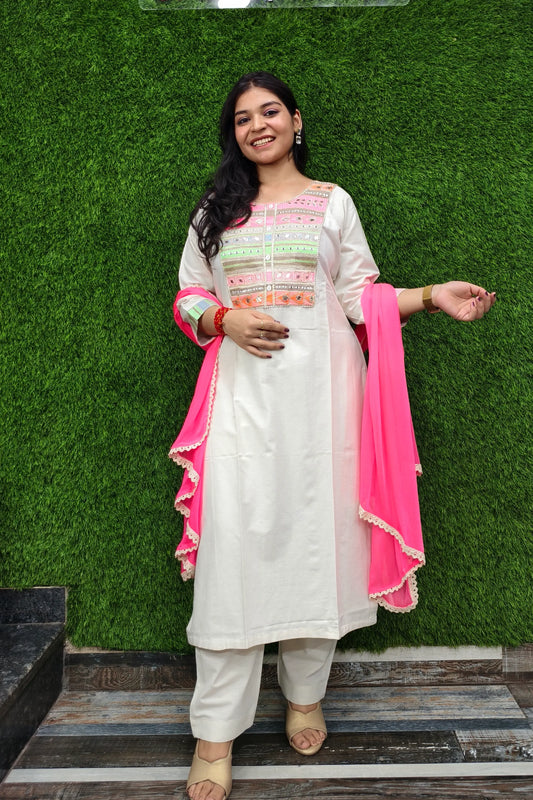 Khadi Cotton Neon Embroidery Suit With Contrast Duppatta
