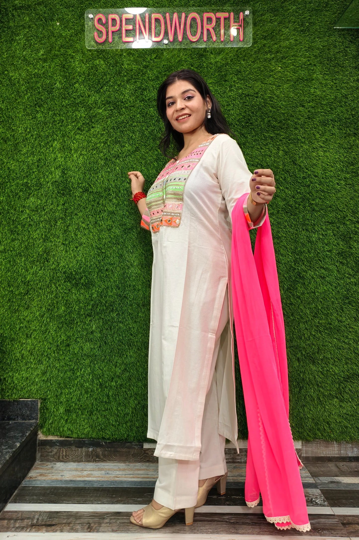 Khadi Cotton Neon Embroidery Suit With Contrast Duppatta