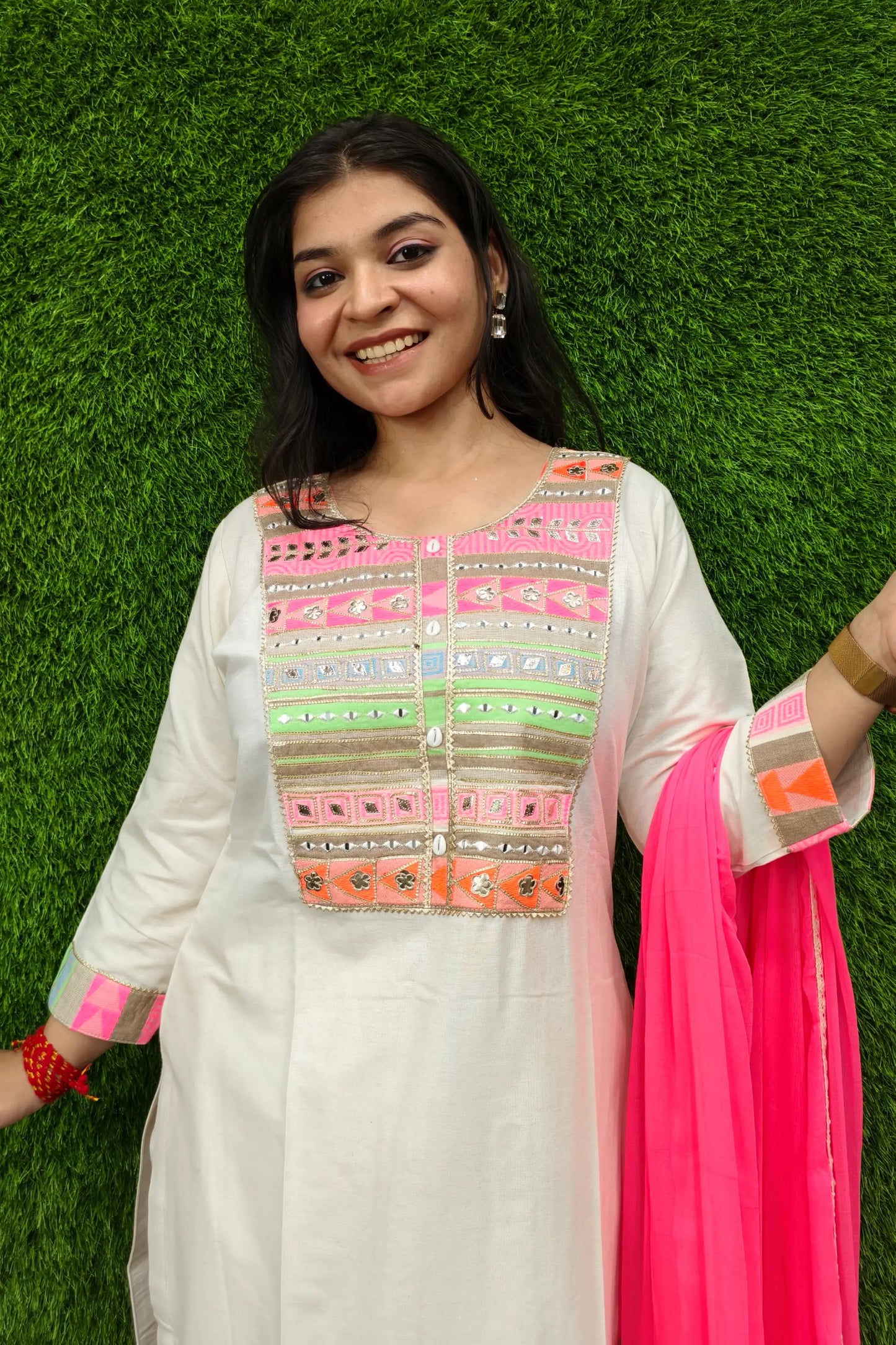 Khadi Cotton Neon Embroidery Suit With Contrast Duppatta