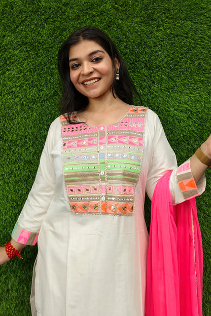 Khadi Cotton Neon Embroidery Suit With Contrast Duppatta
