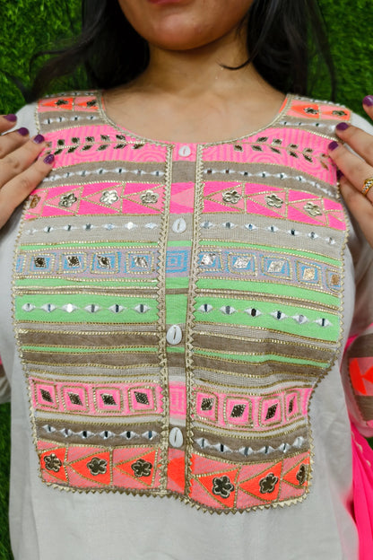 Khadi Cotton Neon Embroidery Suit With Contrast Duppatta