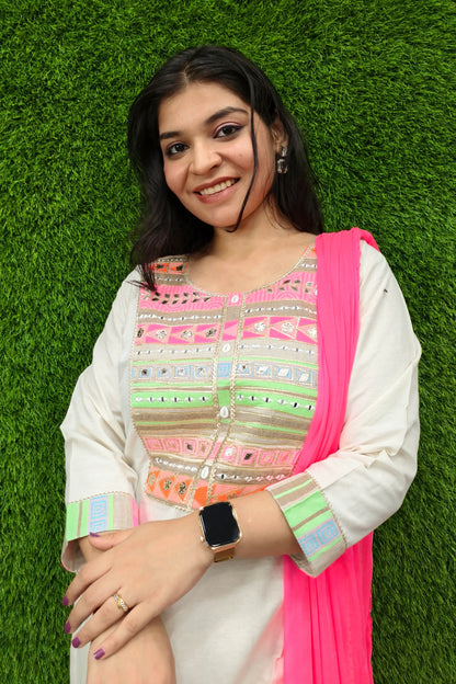 Khadi Cotton Neon Embroidery Suit With Contrast Duppatta
