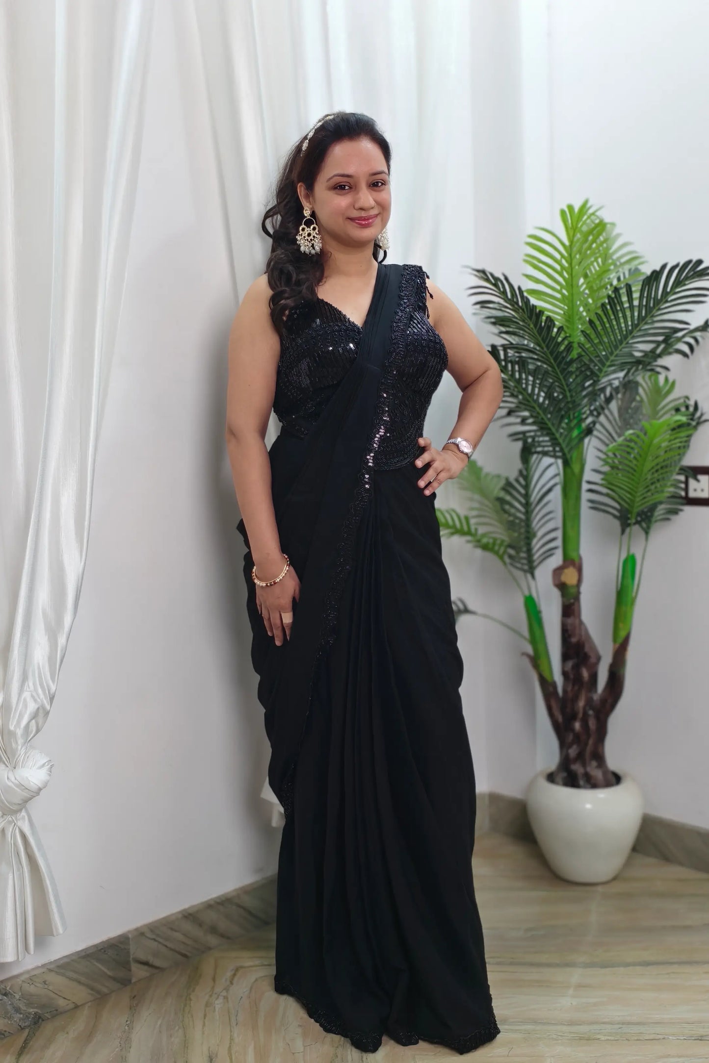 Stylish Blouse Readymade Drape saree in Black