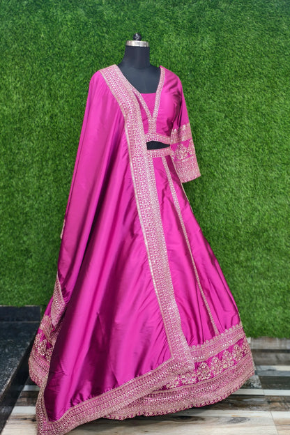 Pure Silk Anarkali Lehenga Choli In Hot Pink