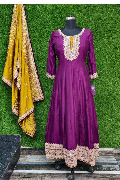 Silk Partywear Anarkali Kurta set With Contrast Duppatta