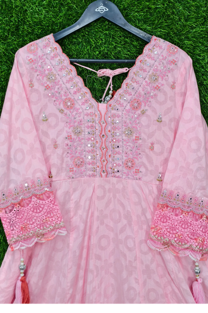 Cotton Anarkali Partywear Kurta Set With Organza Duppatta