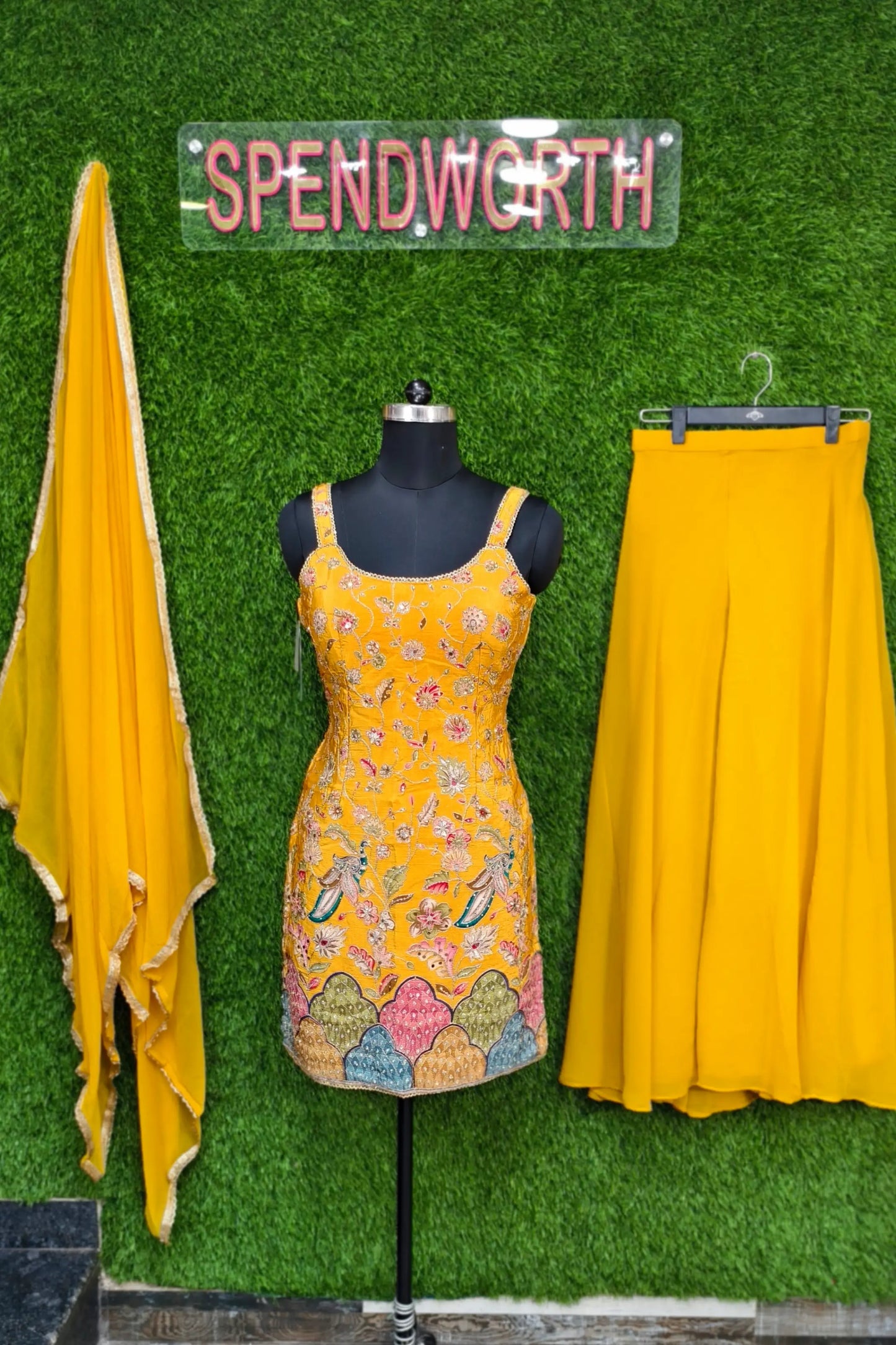 Spaghetti Style Girlish Sharara Suit In Silk