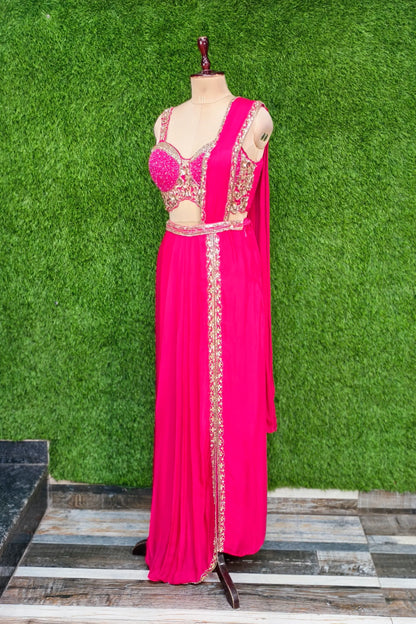Beautiful Drape Dress With Designer Spaghetti Blouse In Hot pink
