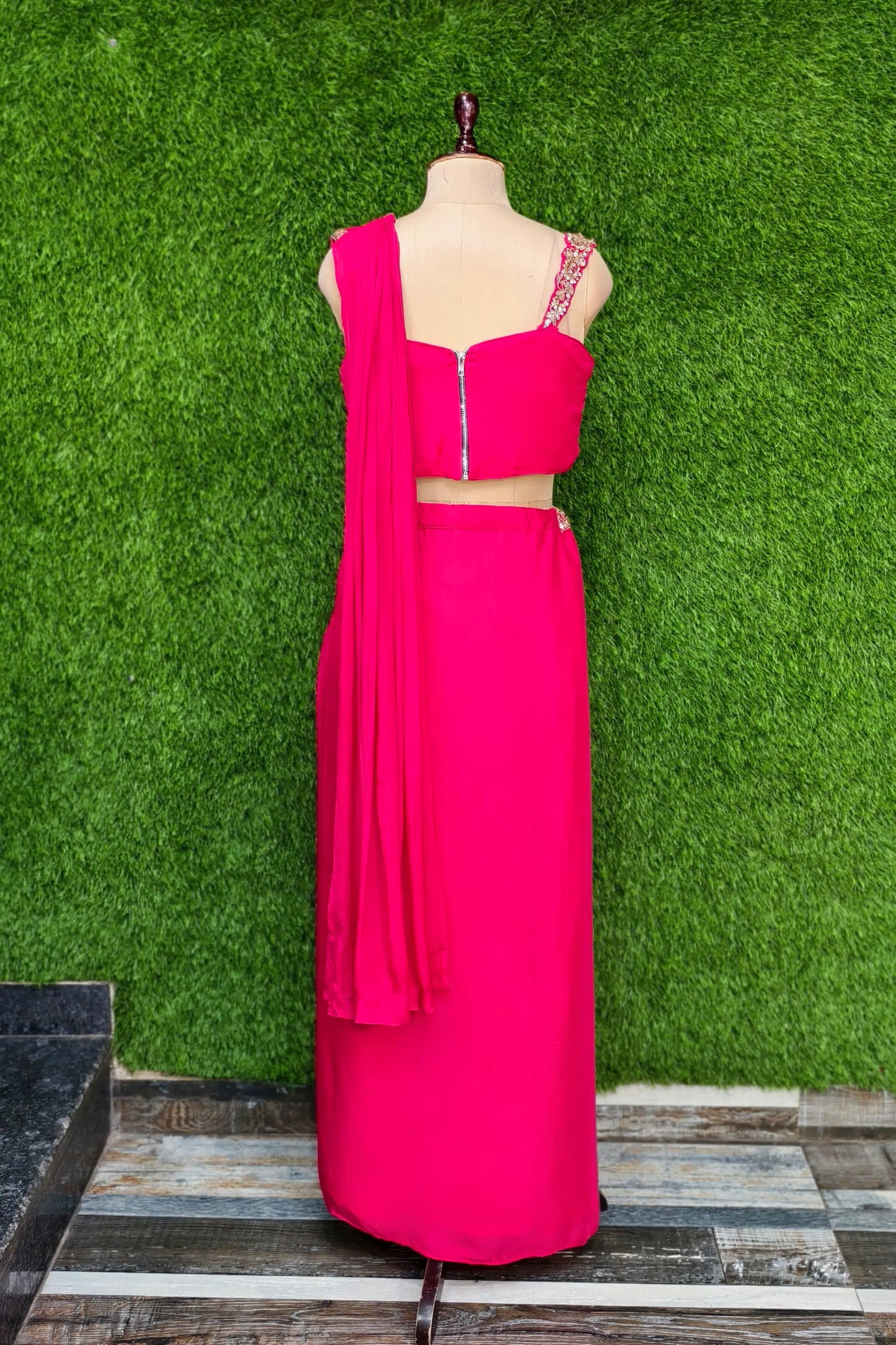 Beautiful Drape Dress With Designer Spaghetti Blouse In Hot pink