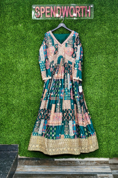 Chinnon Silk Printed Hand Work Anarkali Dress