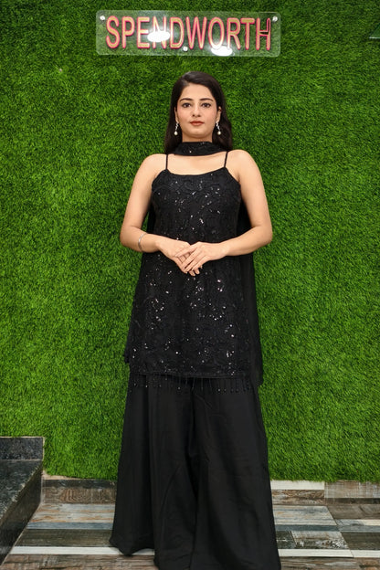 Beautiful Noodle Strap Hand Work Sharara Suit in Black