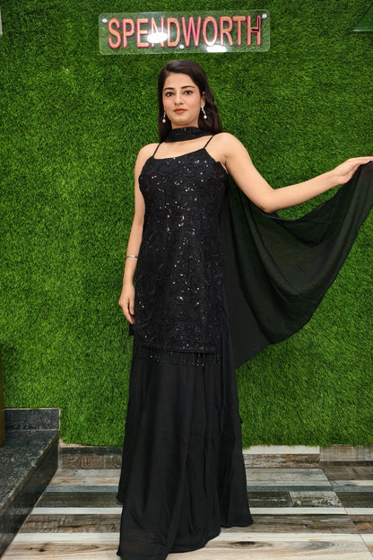 Beautiful Noodle Strap Hand Work Sharara Suit in Black