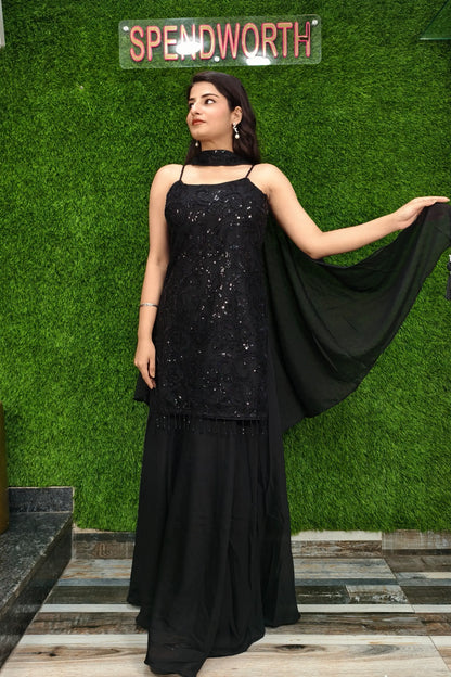 Beautiful Noodle Strap Hand Work Sharara Suit in Black