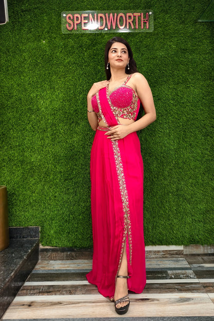 Beautiful Drape Dress With Designer Spaghetti Blouse In Hot pink