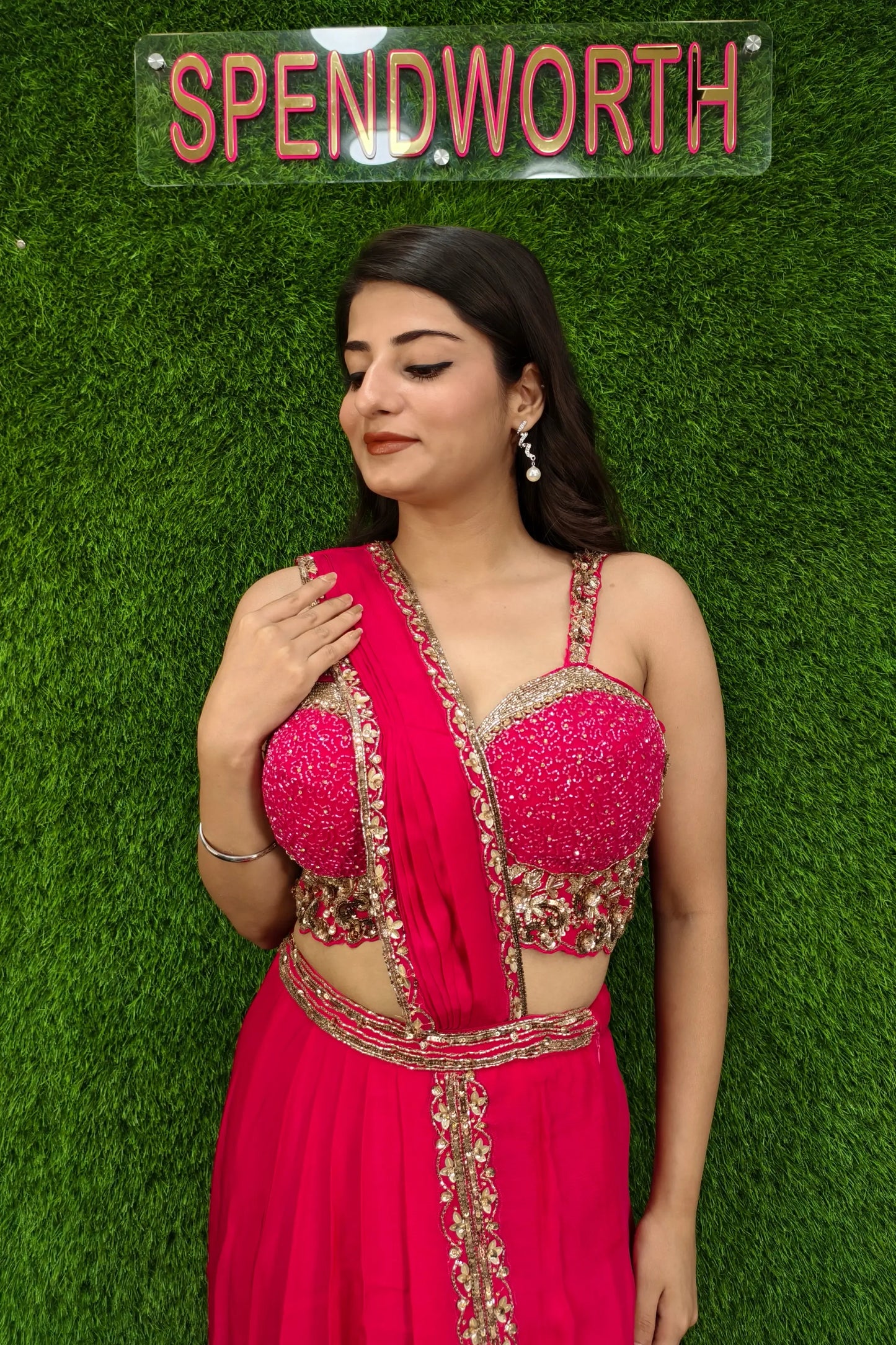 Beautiful Drape Dress With Designer Spaghetti Blouse In Hot pink