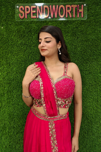 Beautiful Drape Dress With Designer Spaghetti Blouse In Hot pink