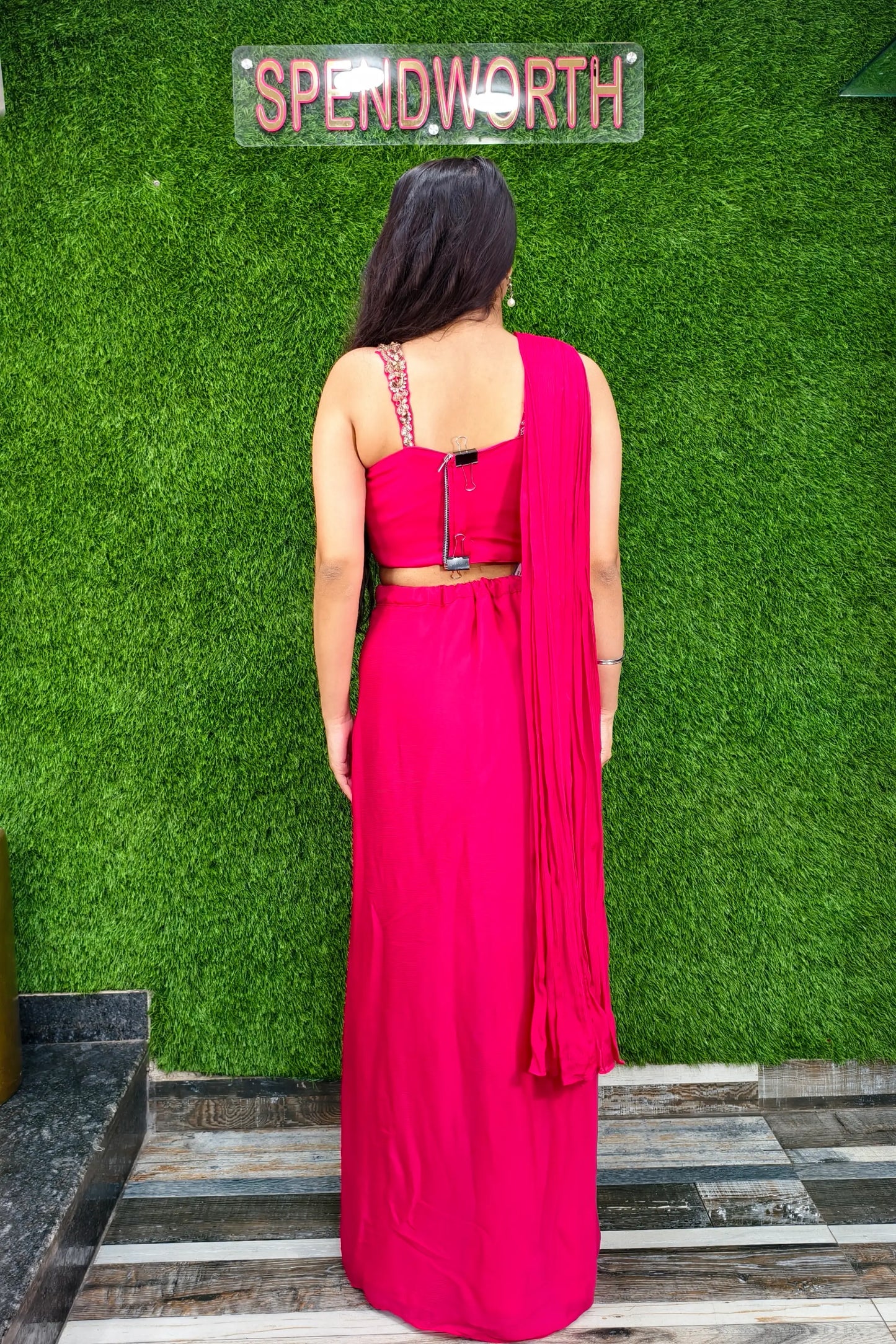 Beautiful Drape Dress With Designer Spaghetti Blouse In Hot pink