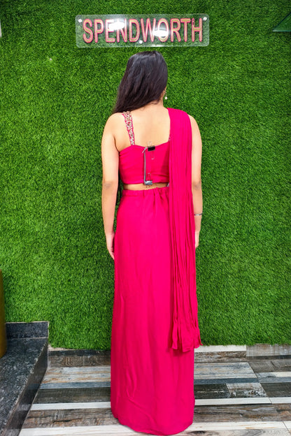 Beautiful Drape Dress With Designer Spaghetti Blouse In Hot pink