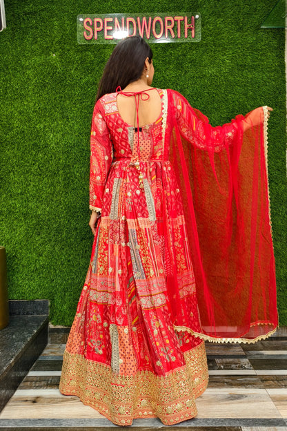 Chinnon Silk Printed Hand Work Anarkali Dress
