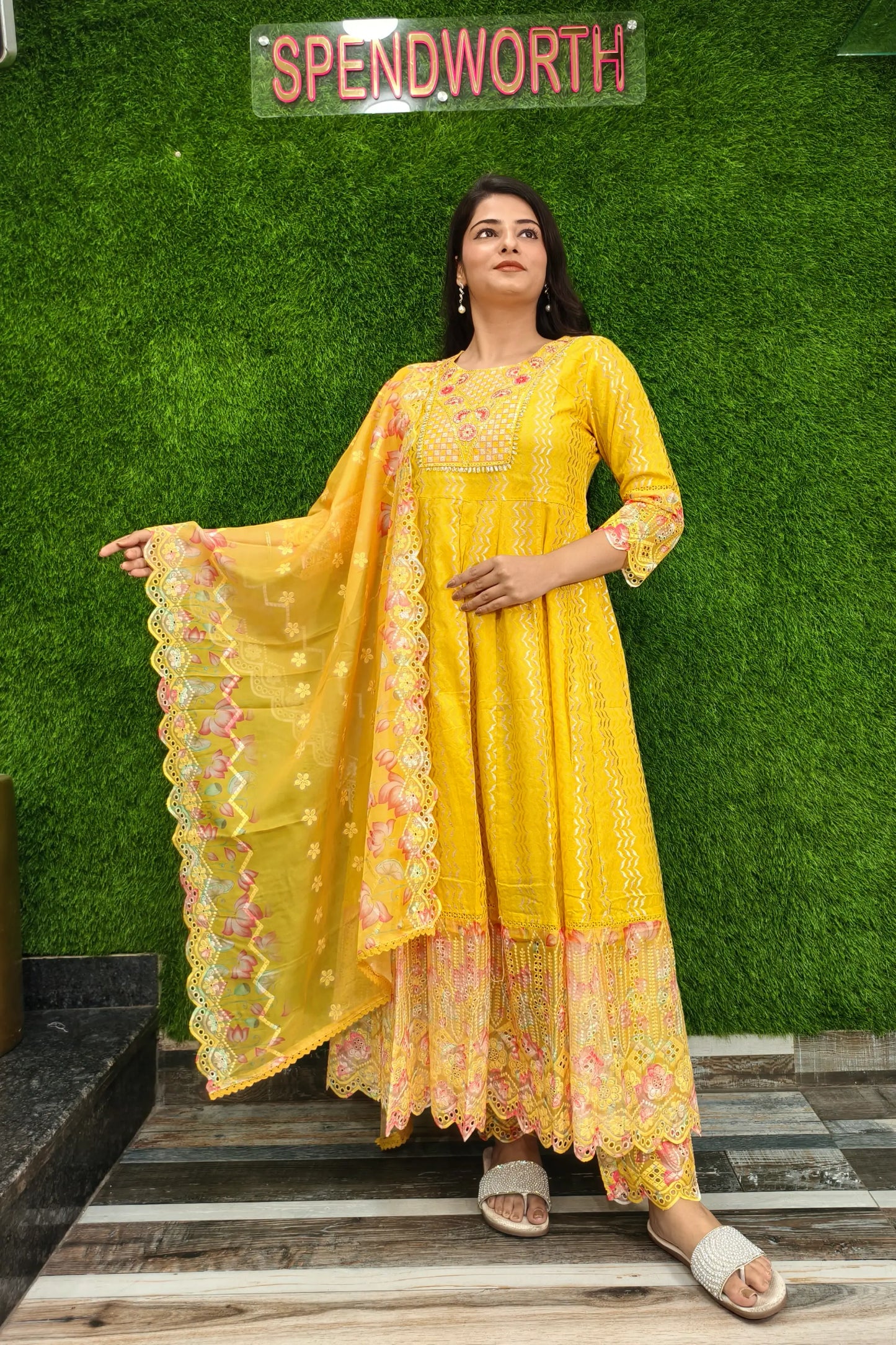 Beautiful Jacquard Cotton Anarkali Kurta set With Duppatta In yellow