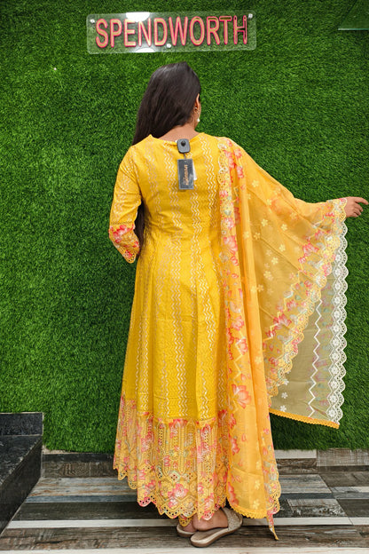 Beautiful Jacquard Cotton Anarkali Kurta set With Duppatta In yellow