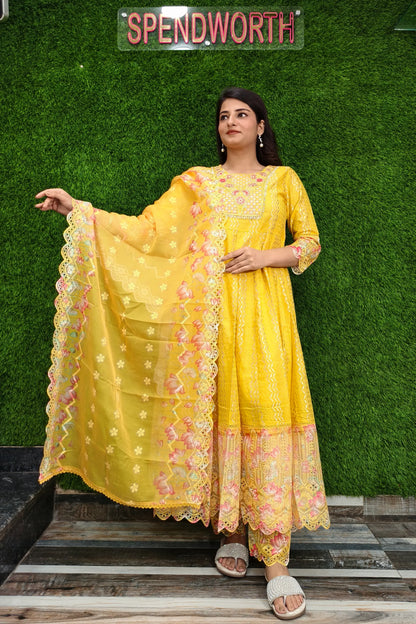 Beautiful Jacquard Cotton Anarkali Kurta set With Duppatta In yellow