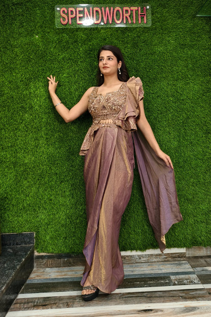 Designer Ready To Wear Drape Dress In Copper Gold