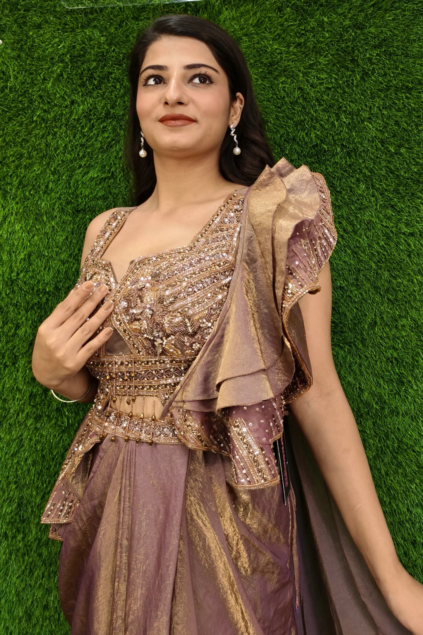 Designer Ready To Wear Drape Dress In Copper Gold