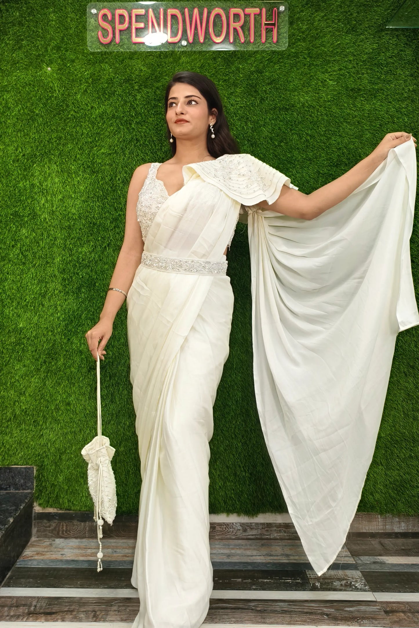 Designer Hand Work Readymade Saree In Off white