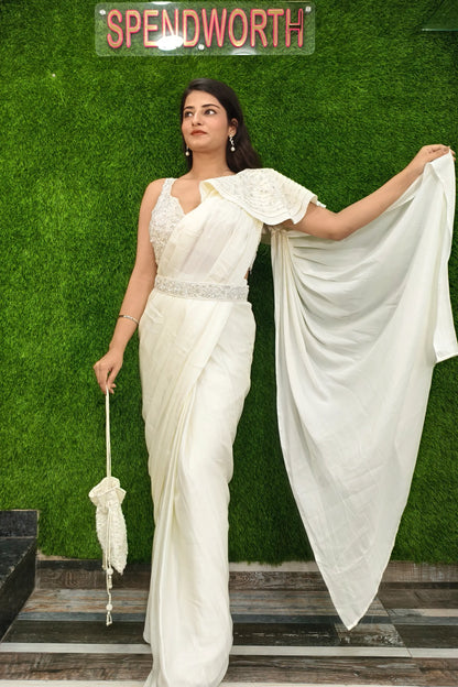 Designer Hand Work Readymade Saree In Off white