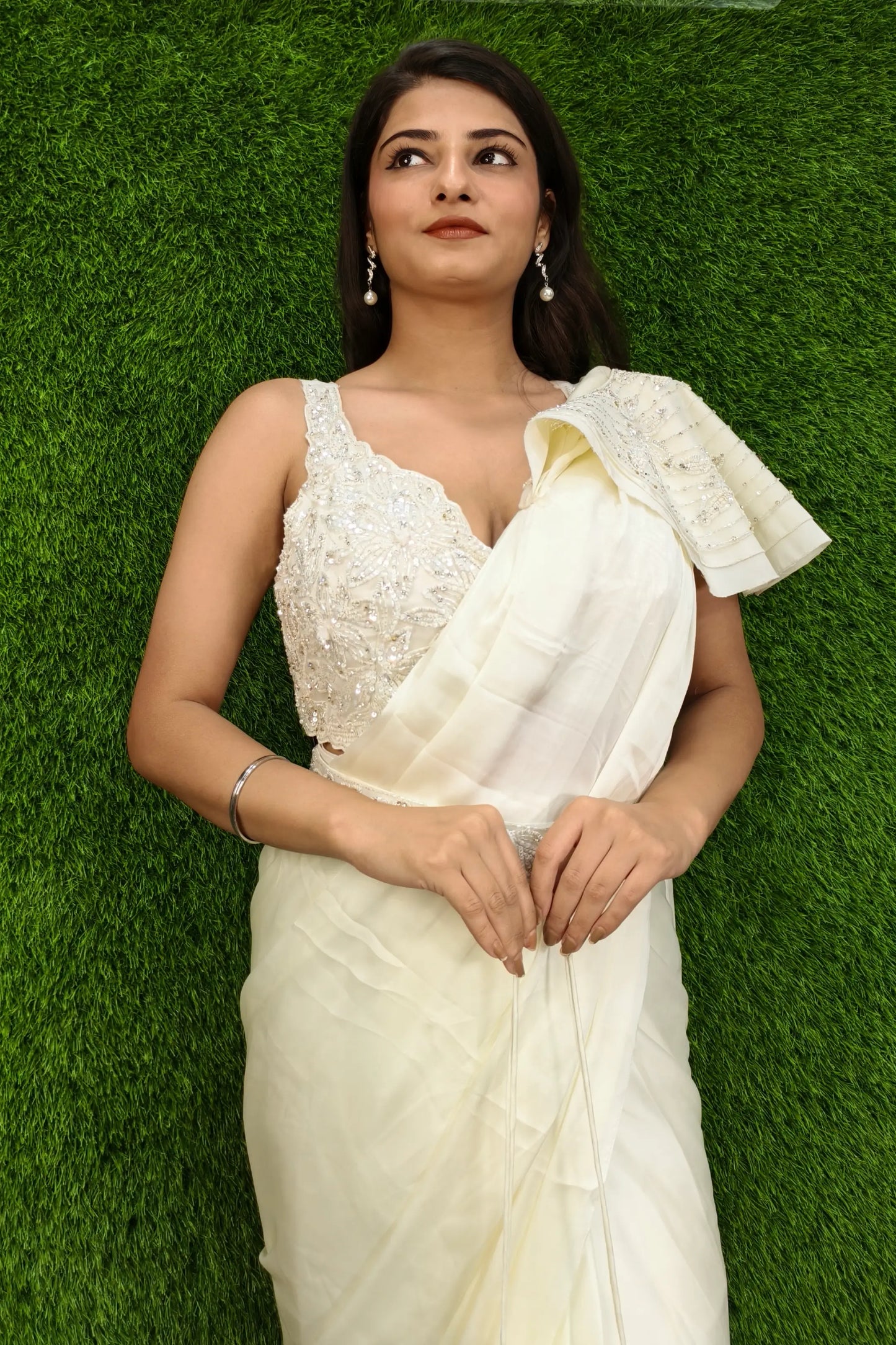 Designer Hand Work Readymade Saree In Off white