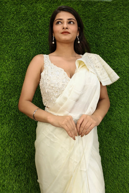 Designer Hand Work Readymade Saree In Off white