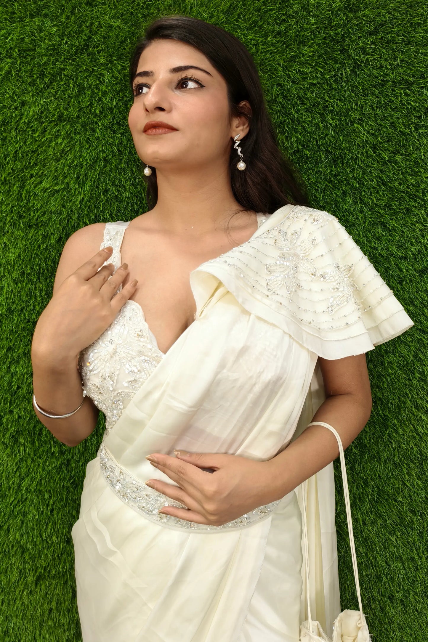 Designer Hand Work Readymade Saree In Off white