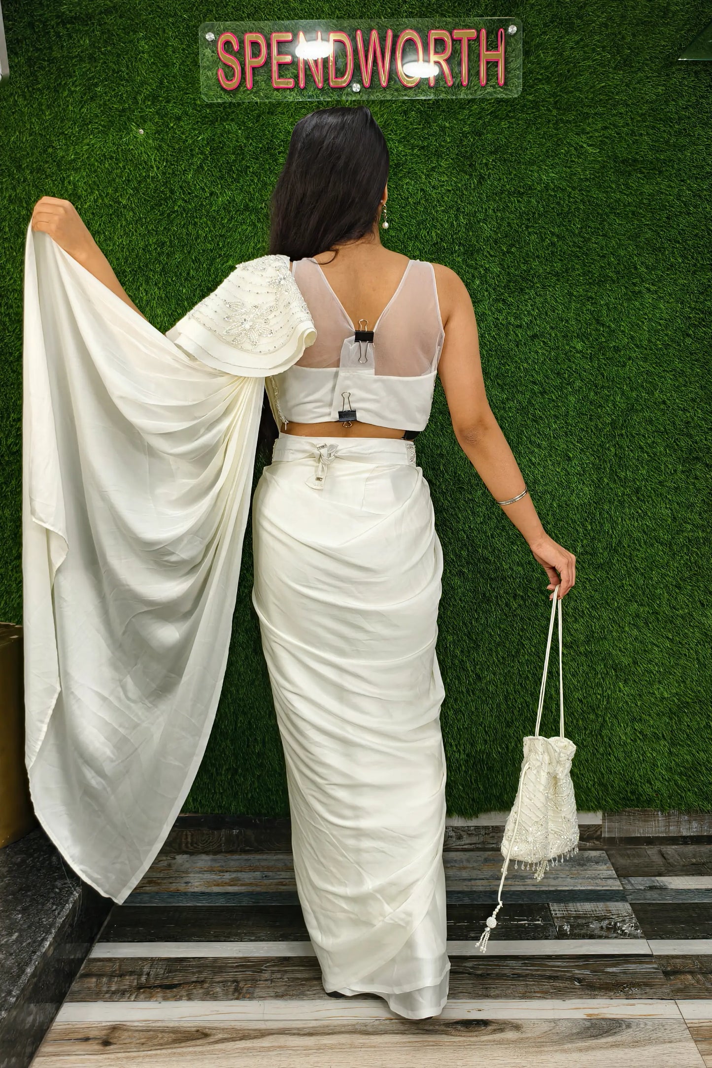 Designer Hand Work Readymade Saree In Off white