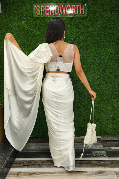 Designer Hand Work Readymade Saree In Off white