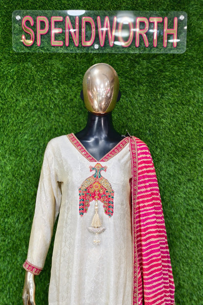 Pure Jacquard Silk Suit With Contrast Printed Duppatta