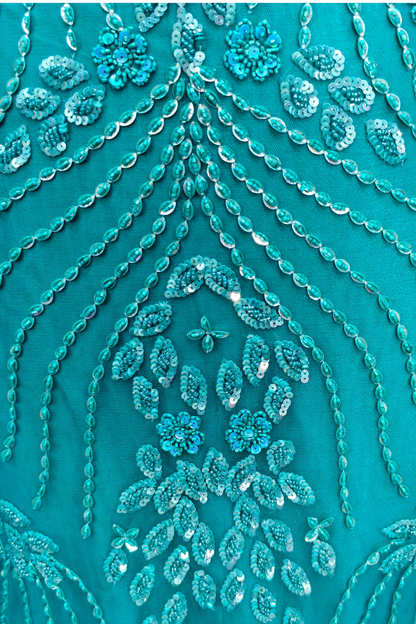 Hand Embellished Fish Cut Dress In Firozi