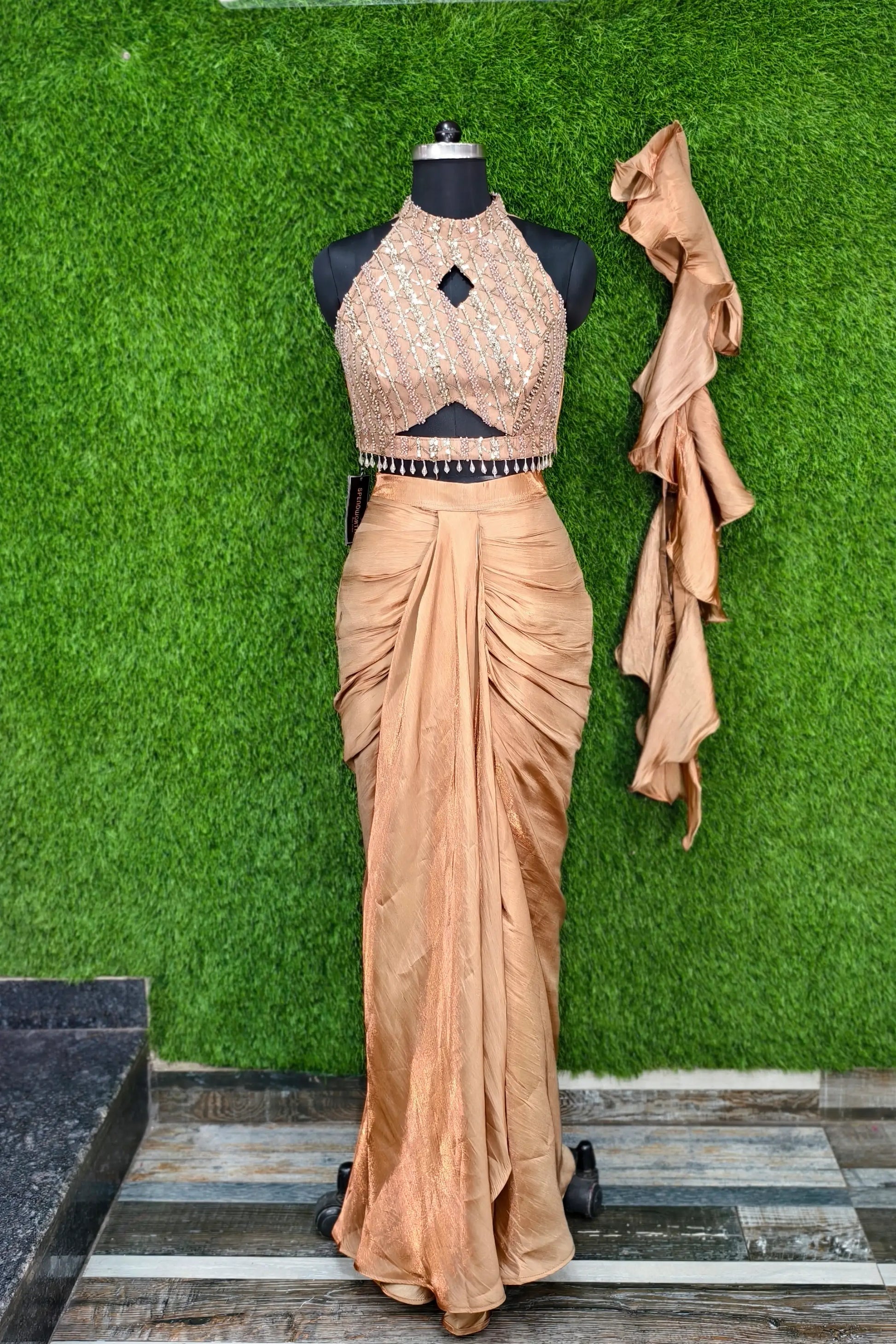 Halter Neck Hand Work Blouse Readymade Dress In Golden