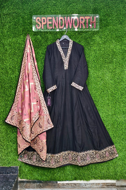 Silk Embroidered Anarkalis With Contrast Duppattas
