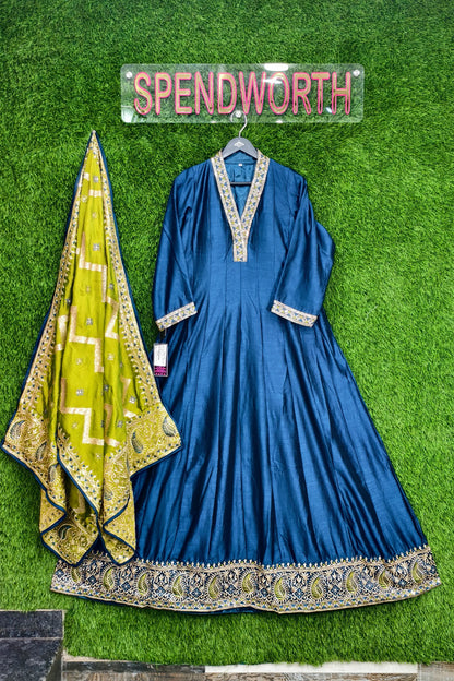 Silk Embroidered Anarkalis With Contrast Duppattas